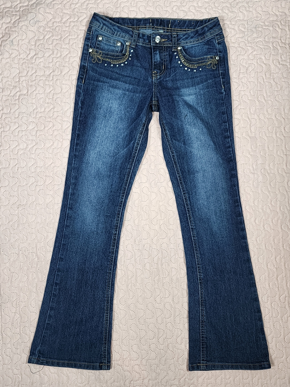 Girls' Dark Blue Bootcut Jeans with Embellished Pockets